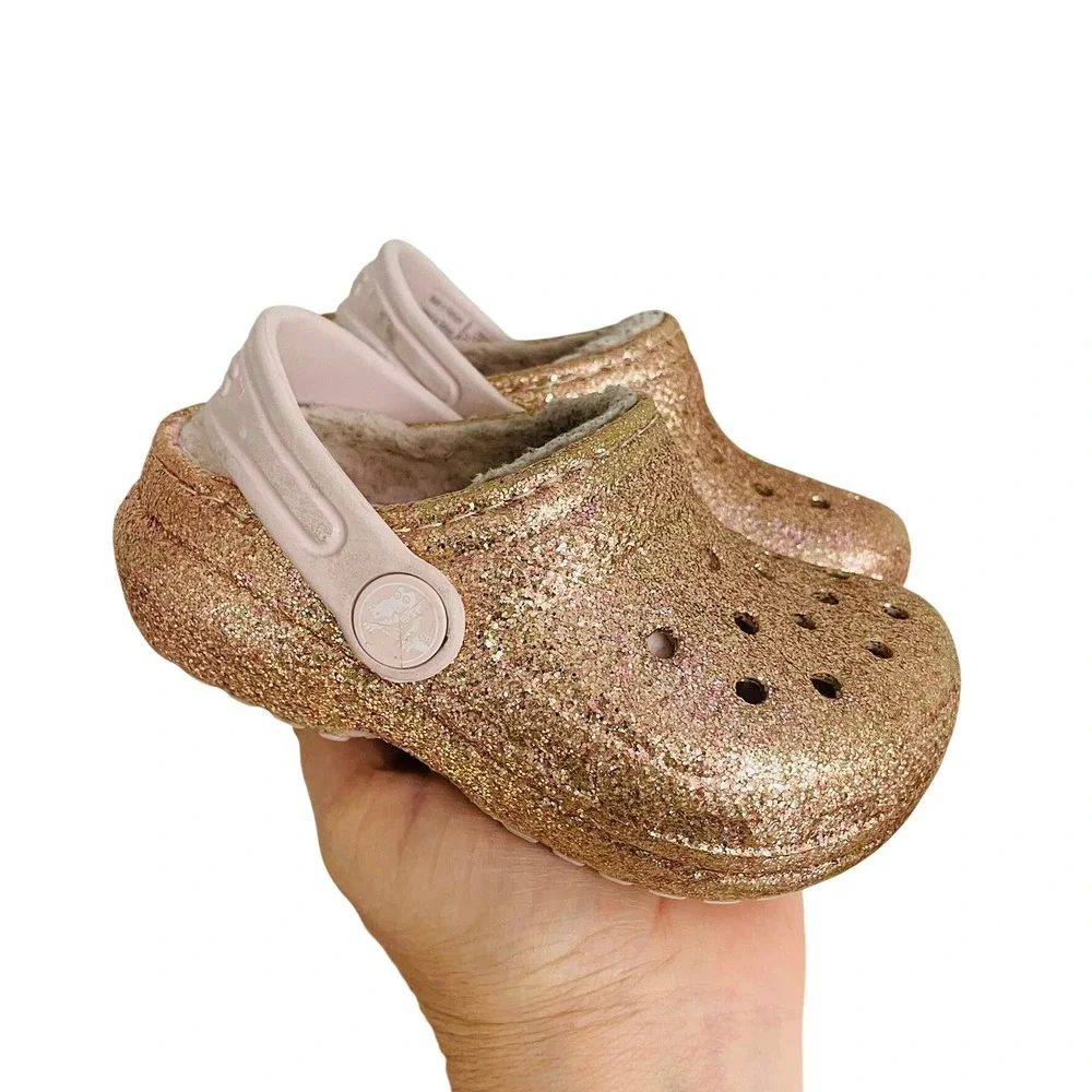 Crocs Classic Lined Clogs Rose Gold Glitter Sparkly Kids Size C7 Glittercore